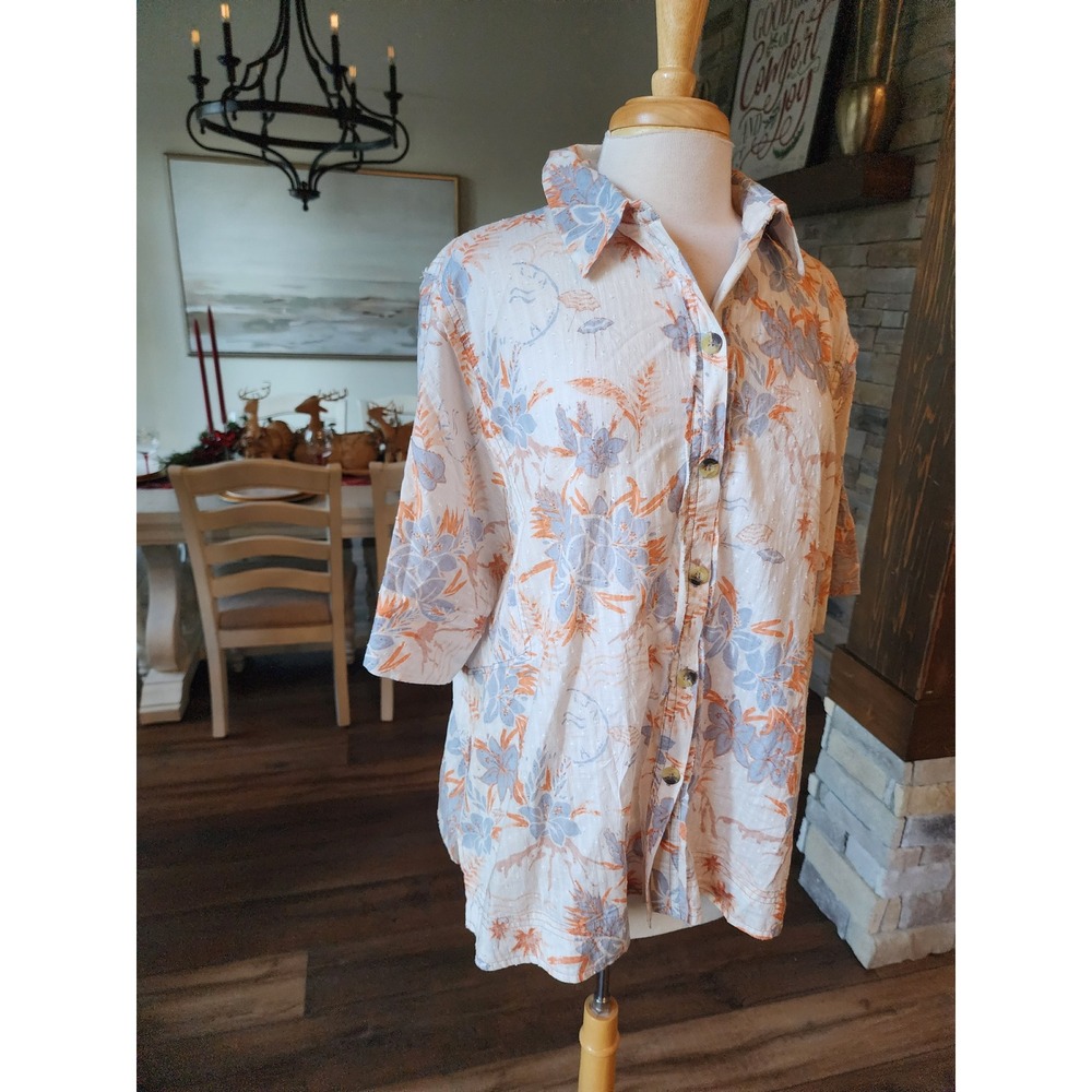 We The Free People Floral Button Up Shirt Top Women M Lightweight Linen Blend